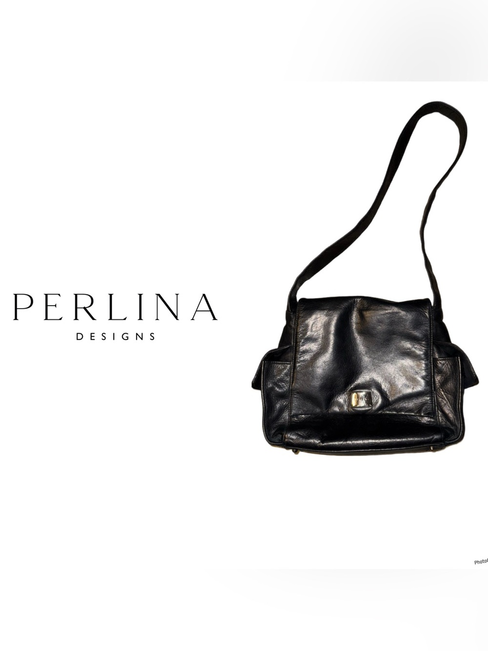 Perlina Black Leather Shoulder Bag